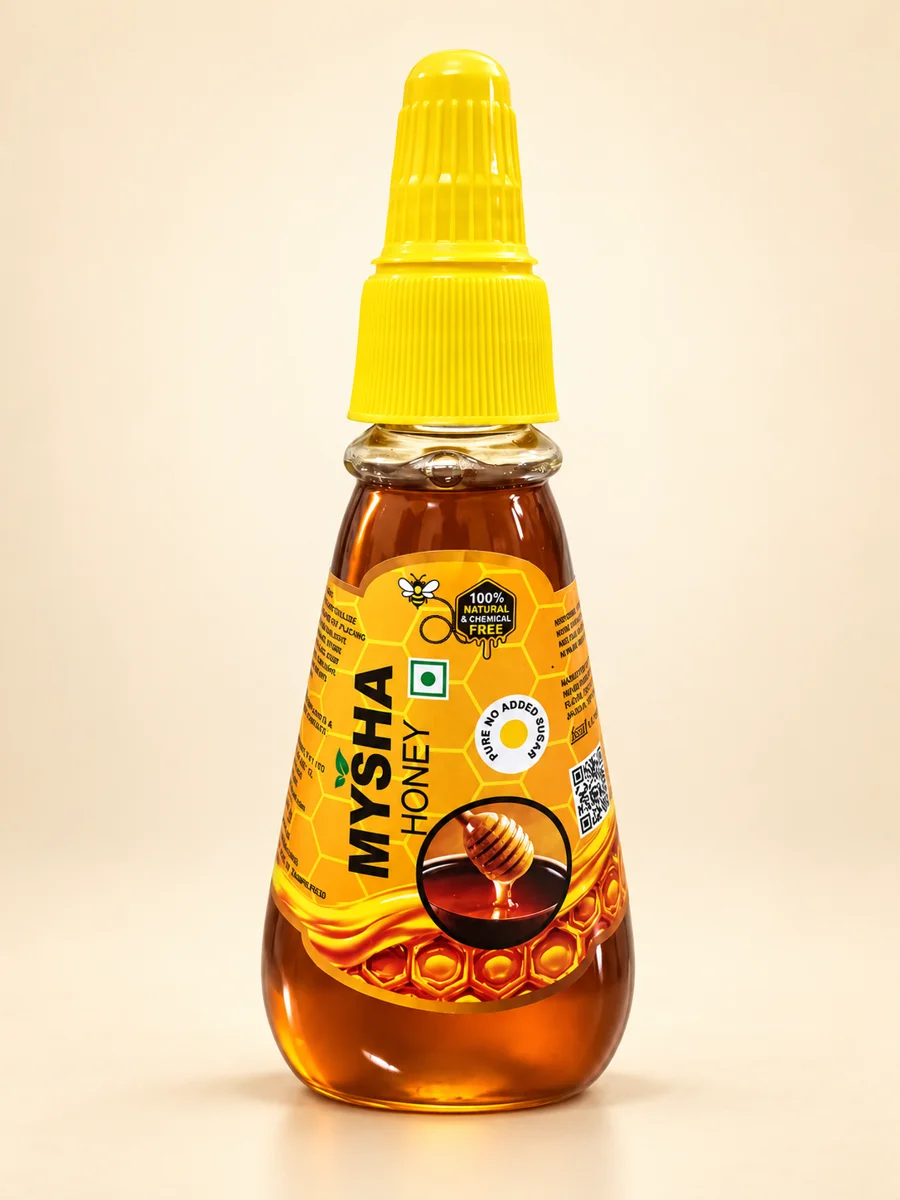 Mysha Honey bottle with yellow cap and honeycomb label